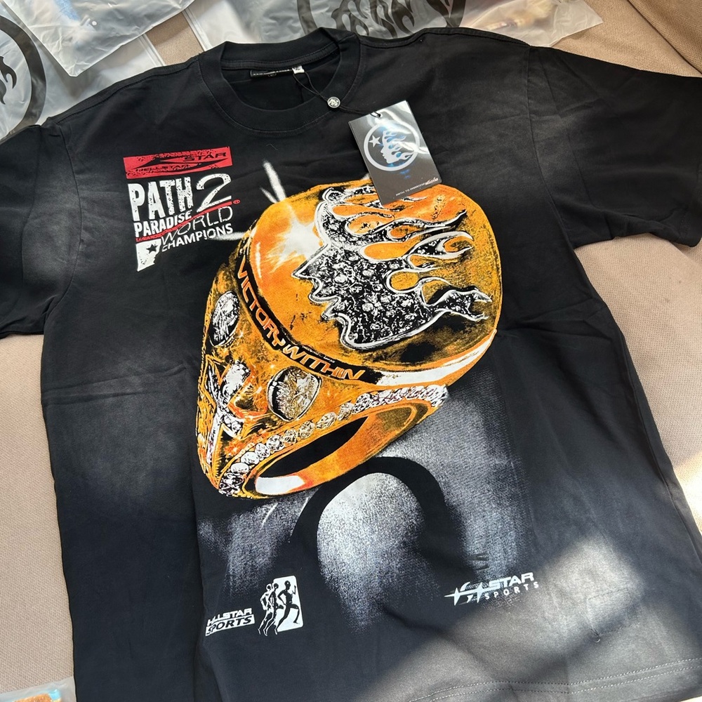 Black Graphic T-Shirt with Orange and Silver Design